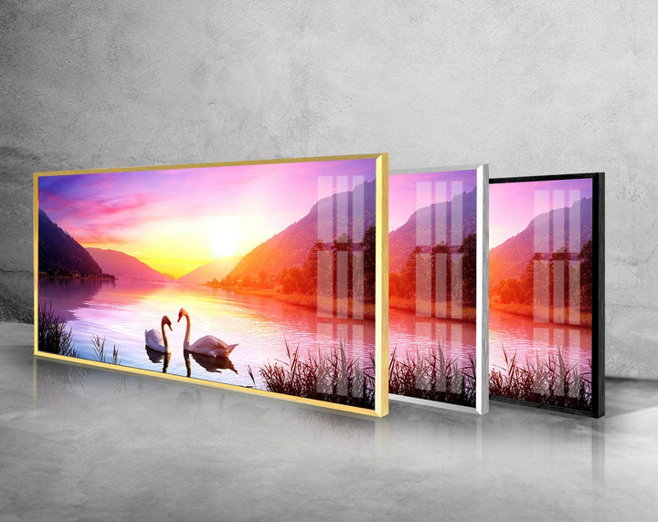 Swans Over Lake At Sunset Landscape Glass Wall Art, large glass photo prints, glass wall photos