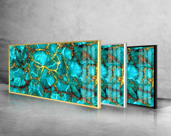 Turquoise Gold Marble Glass Wall Art, large glass photo prints, glass wall photos