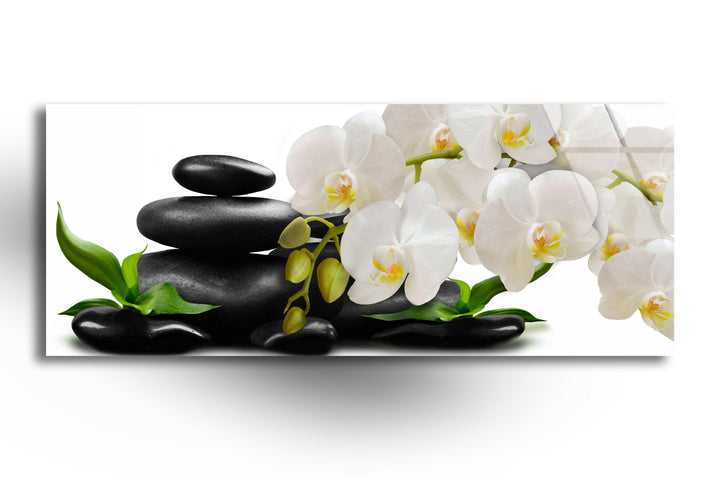 Zen Stones&White Orchid Glass Wall Art, glass art painting, glass art for the Wall