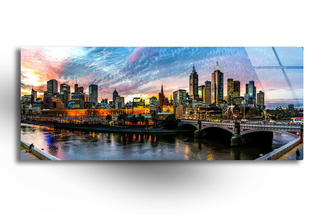 Downtown Melbourne Cityscape Glass Wall Art, glass art painting, glass art for the Wall