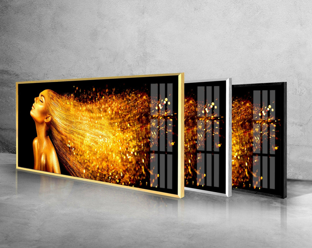 Woman With Golden Glitter Glass Wall Art, picture on glass wall art, photos printed on glass