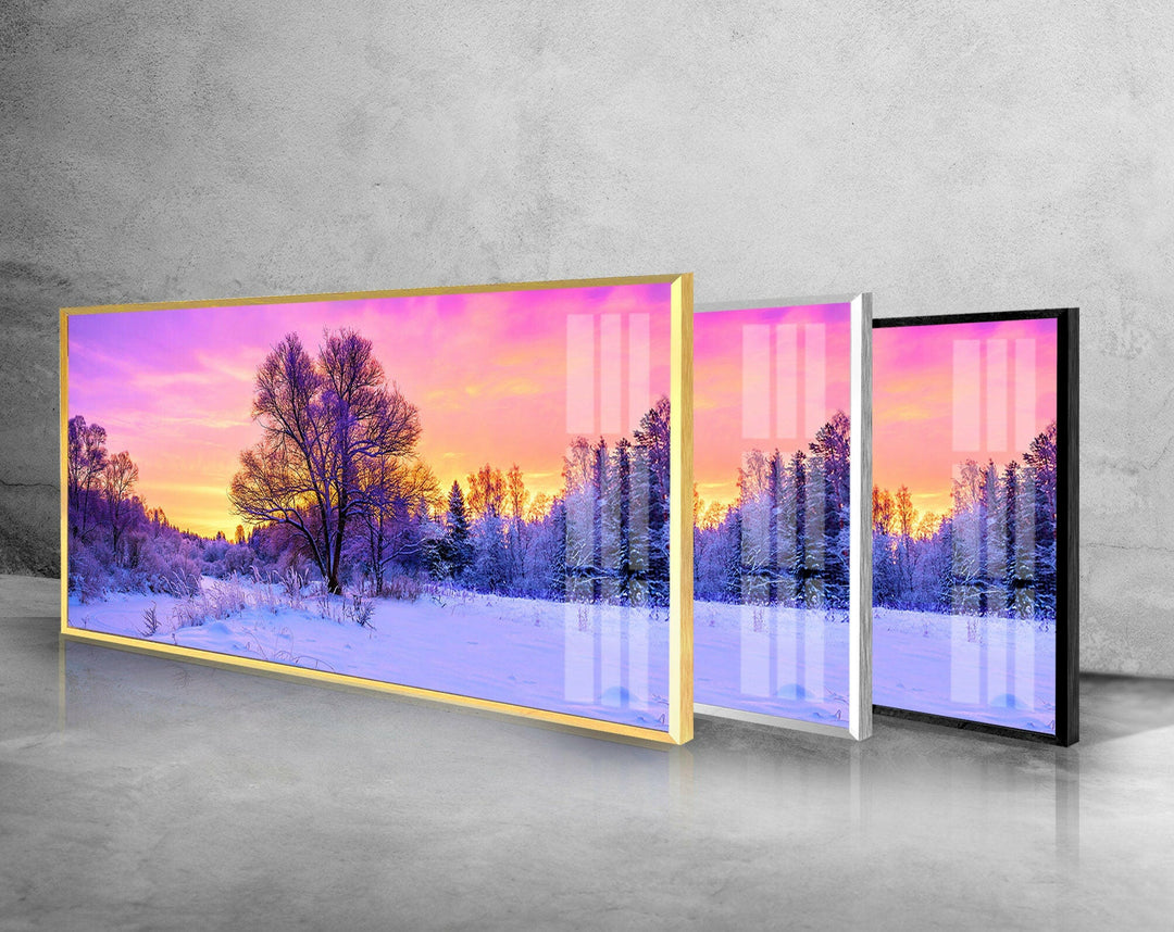 Snowy Forest Sunset Landscape Glass Wall Art, print picture on glass, Tempered Glass Wall Art