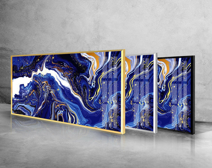 Gold, Blue Abstract Marble Glass Wall Art, print on glass, glass printed photos