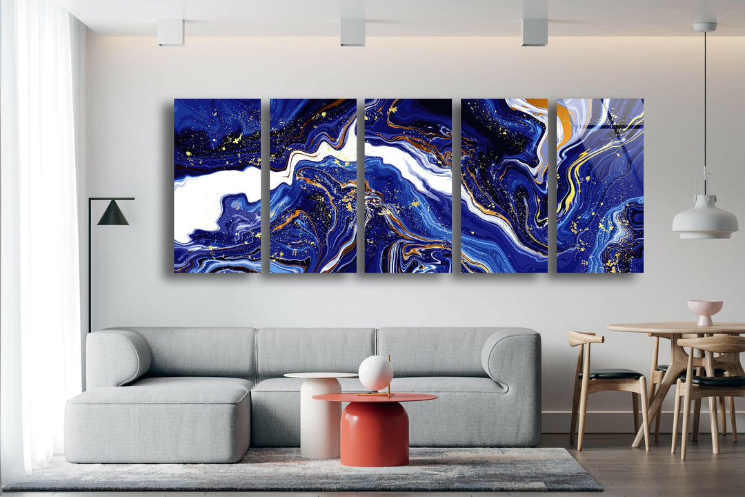 Gold, Blue Abstract Marble Glass Wall Art, photo print on glass, prints on glass wall art