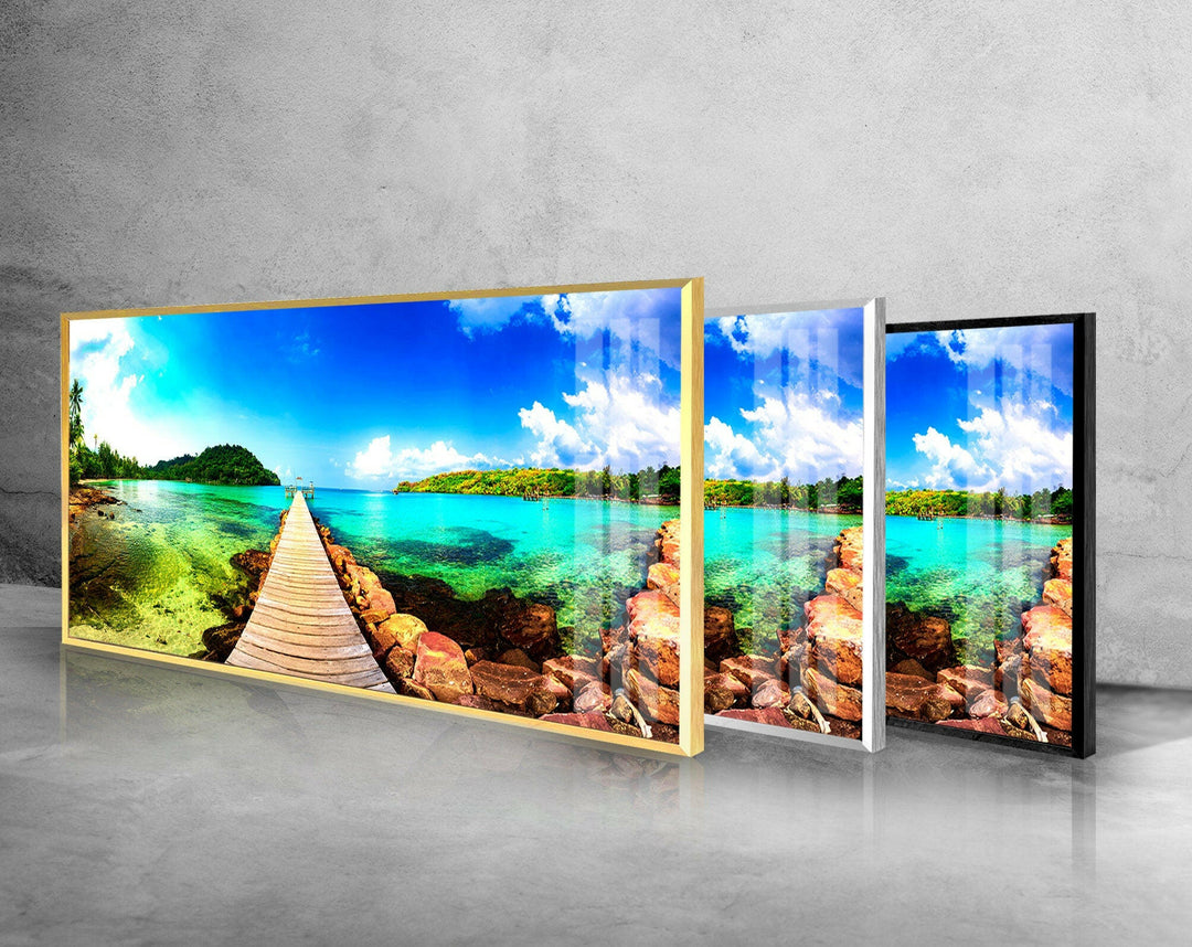 Tropical Beach With Wooden Dock Glass Wall Art, photo print on glass, prints on glass wall art