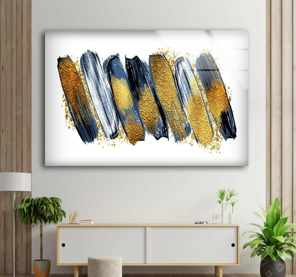 Gold Glitters with Blue Abstract Glass Wall Art, Print On Glass, Glass Art Prints