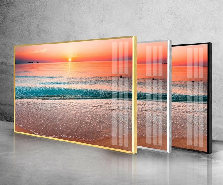 Calm Sea With Sunset Glass Wall Art