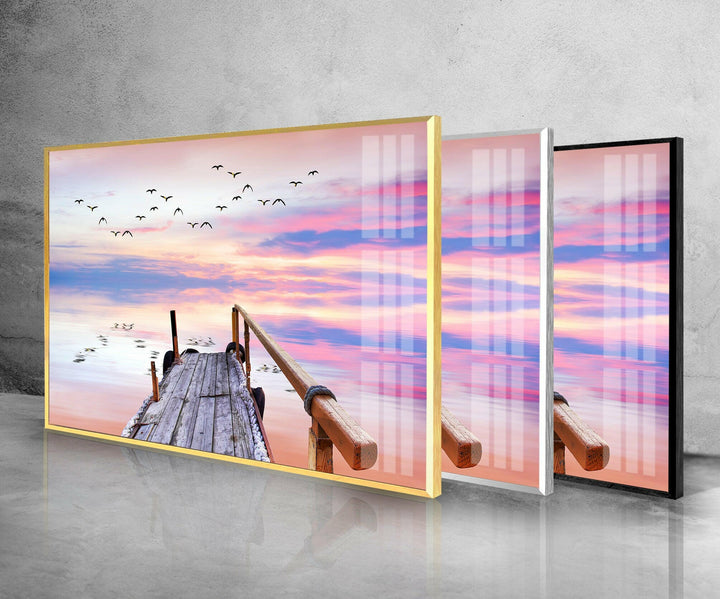 Ocean Sunrise With Pier Glass Wall Art glass photo prints, glass picture prints