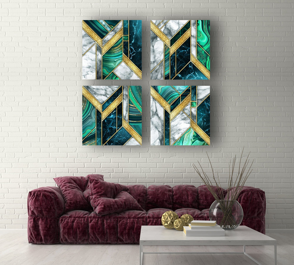 Green Gold Marble Geometric Abstract Glass Wall Art, glass wall decor, glass wall art decor