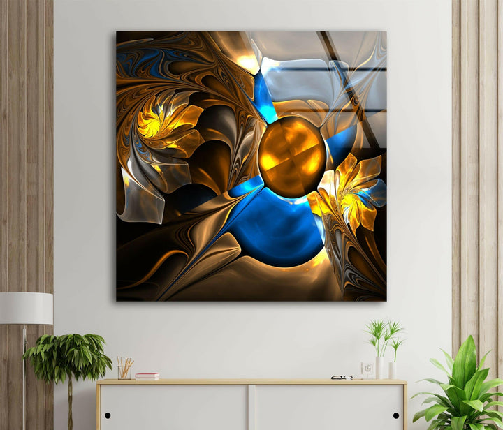 Abstract Blue&Gold Fractal Glass Wall Art, print picture on glass, Tempered Glass Wall Art