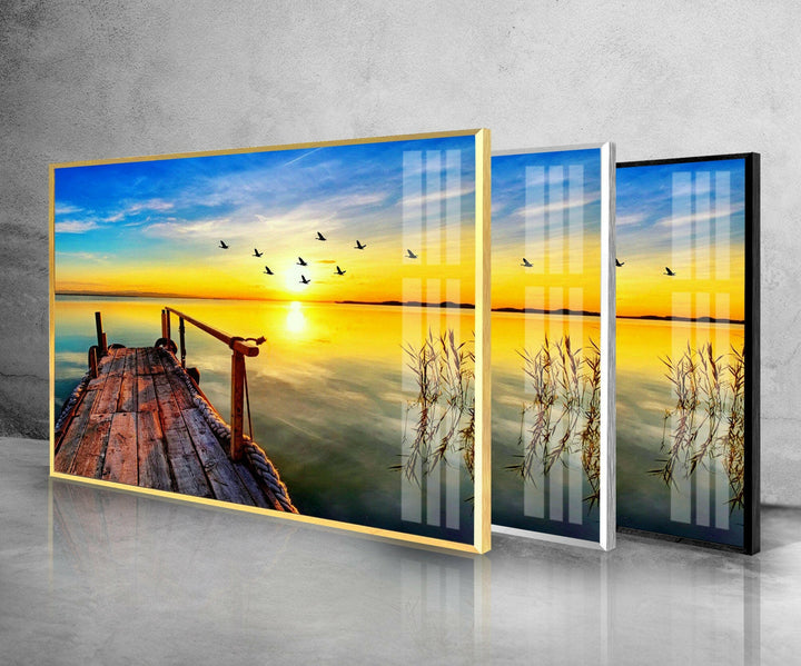 Sunset on The Lake & Birds Glass Wall Art