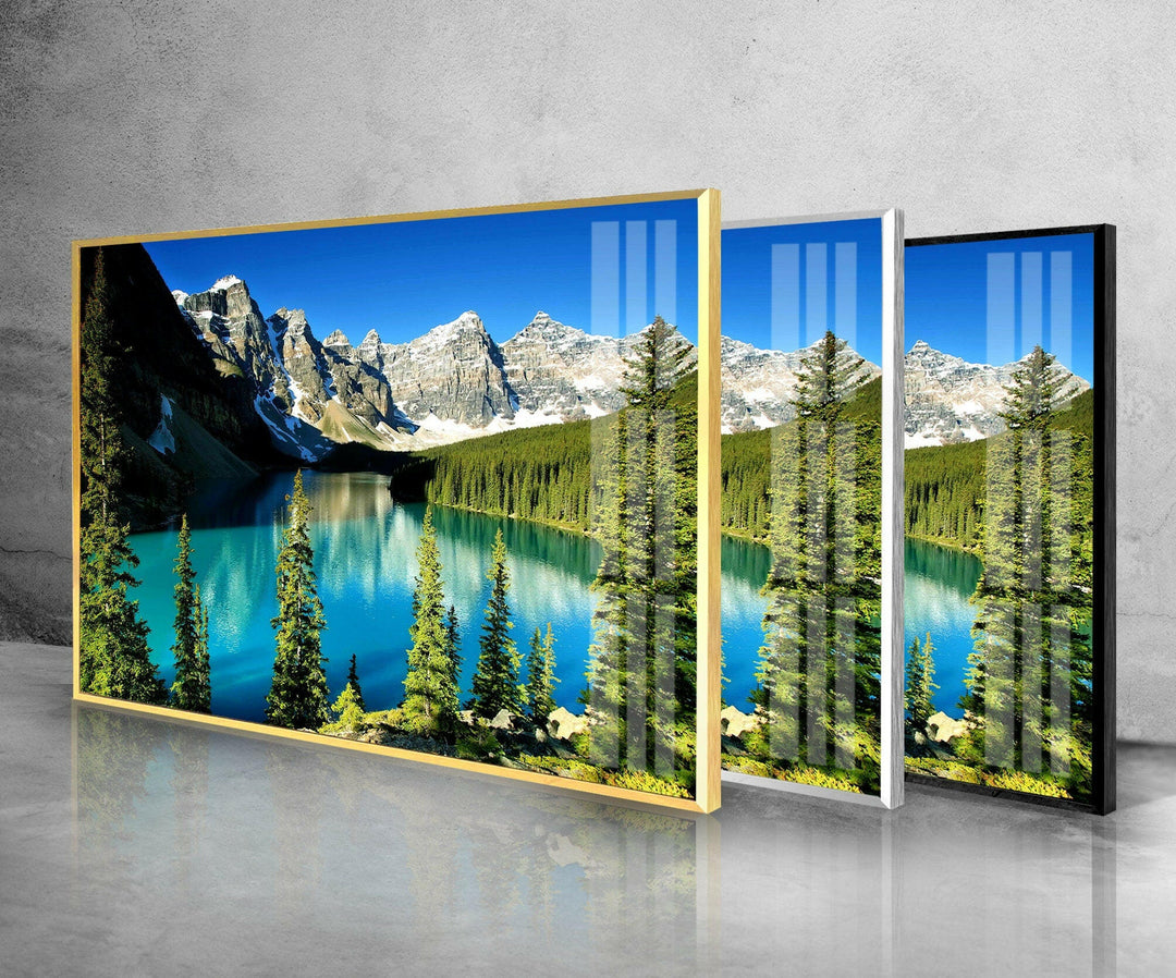 Moraine Lake Nature Glass Wall Art print picture on glass, Tempered Glass Wall Art