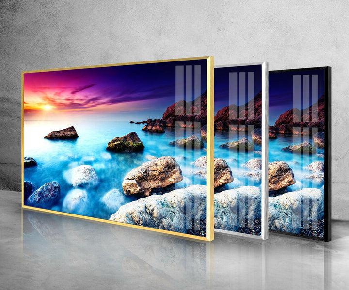 Vivid Sunset Over Rocks Glass Wall Art