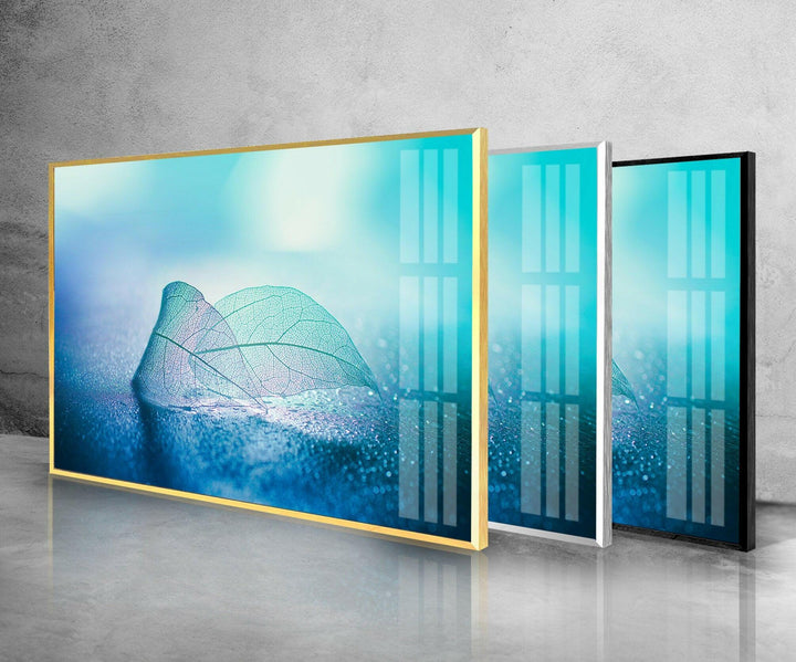 Blue Skeleton Leaf Glass Wall Art, custom glass pictures, glass art prints