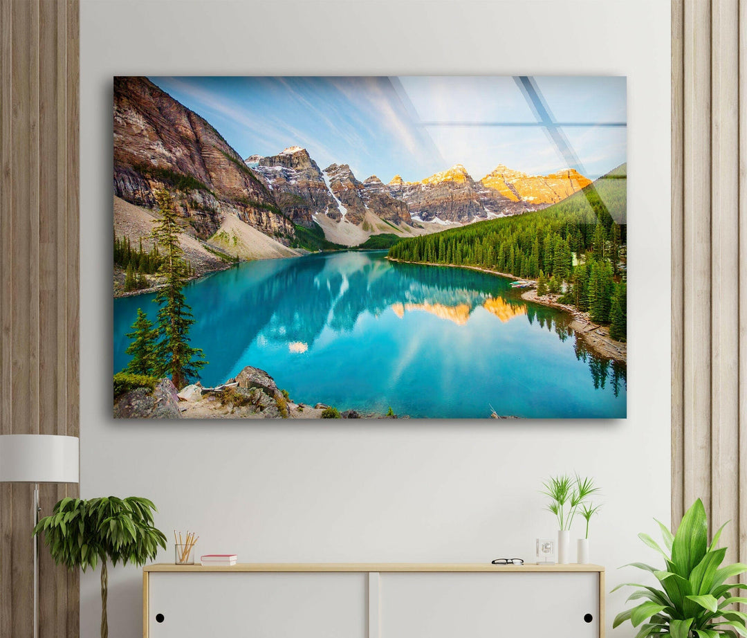 Natural Blue Lake Snowy Glass Wall Art print on glass, glass printed photos