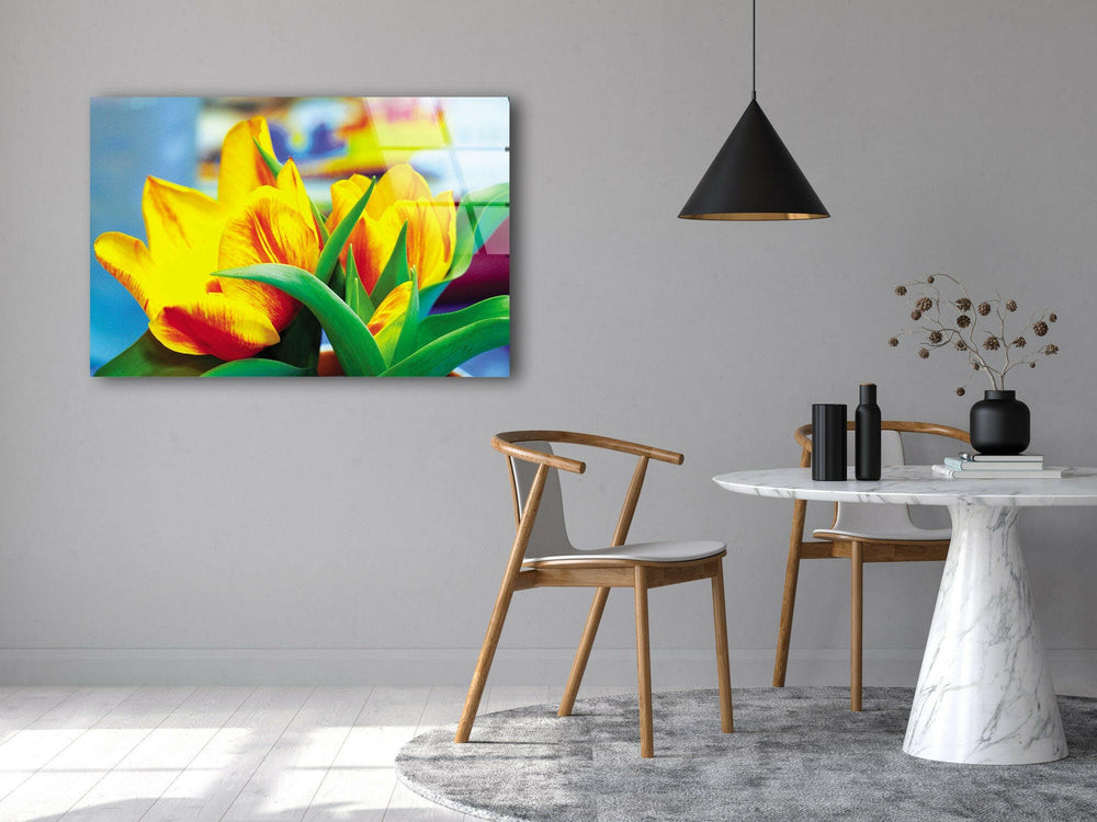 Yellow Tulips Glass Wall Art, glass wall decor, glass wall art decor