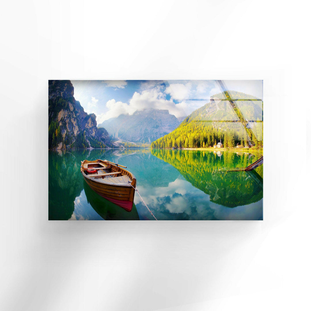 Autumn Boat on Lake Glass Wall Art glass art painting, glass art for the Wall