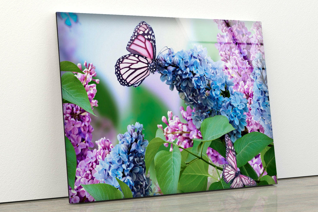 Butterfly And Lilac Flower Glass Wall Art, glass pictures for Wall, glass prints wall art
