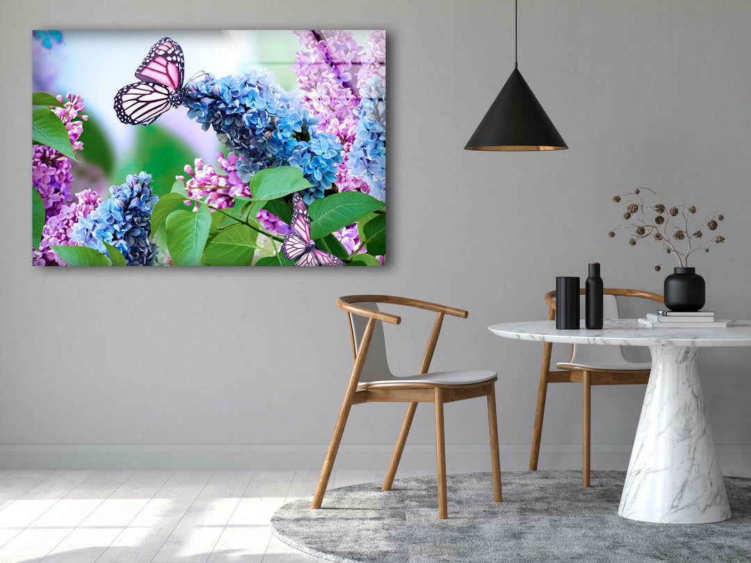 Butterfly And Lilac Flower Glass Wall Art, custom glass pictures, glass art prints
