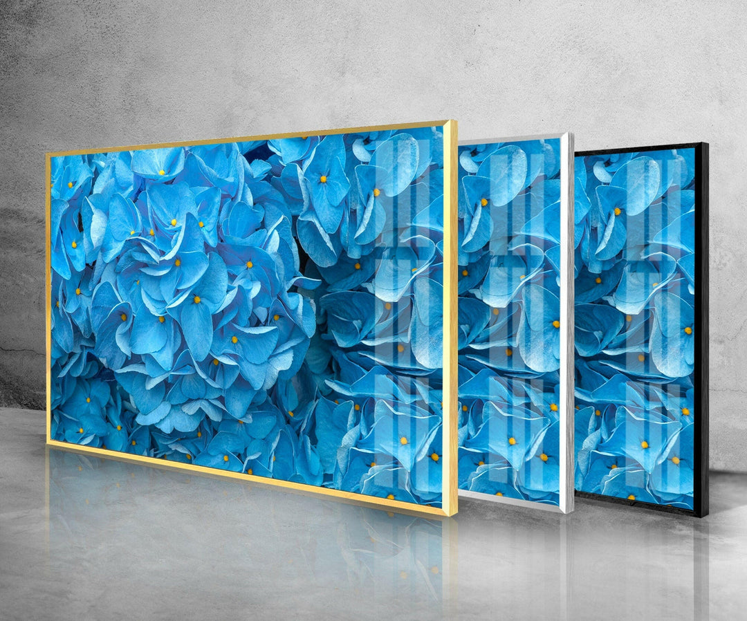 Blue Hydrangeas Glass Wall Art, custom glass pictures, glass art prints