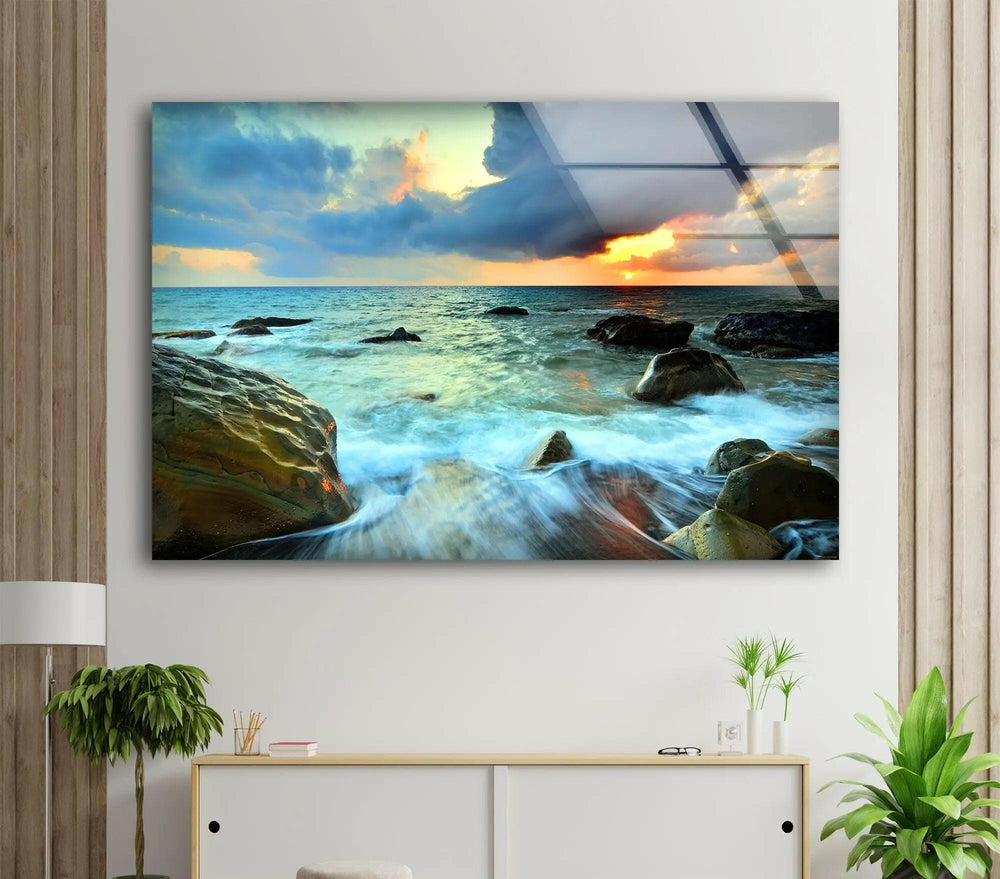 Sunset Cloudy Sea Nature Glass Wall Art custom glass photo prints, large glass prints