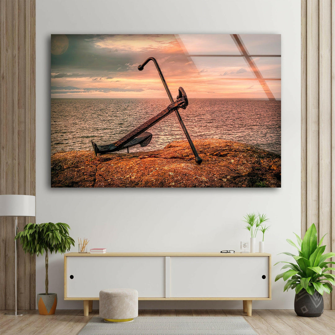 Sunset Anchor Glass Wall Art print on glass, glass printed photos