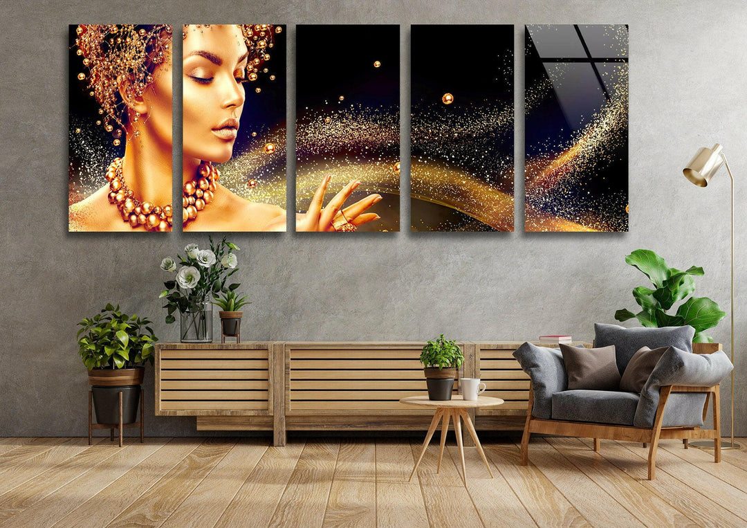 Golden Woman Portrait Glass Wall Art, art glass wall art, glass wall art pictures