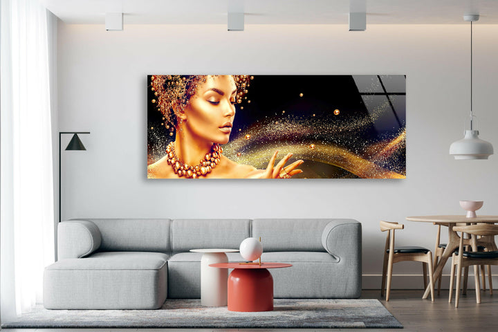 Golden Woman Portrait Glass Wall Art, Glass Printing Wall Art, Print photos on glass