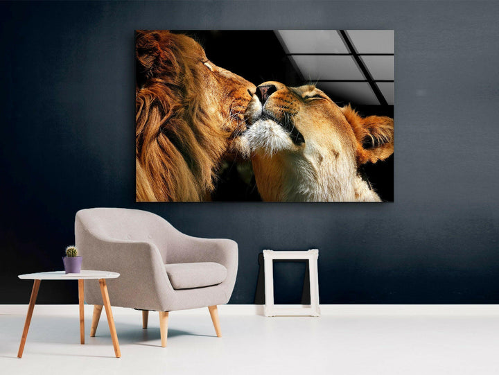 Couple Lions Glass Wall Art photo print on glass, prints on glass wall art