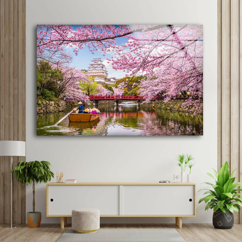 Pink Flowers Landscape Glass Wall Art glass art painting, glass art for the Wall