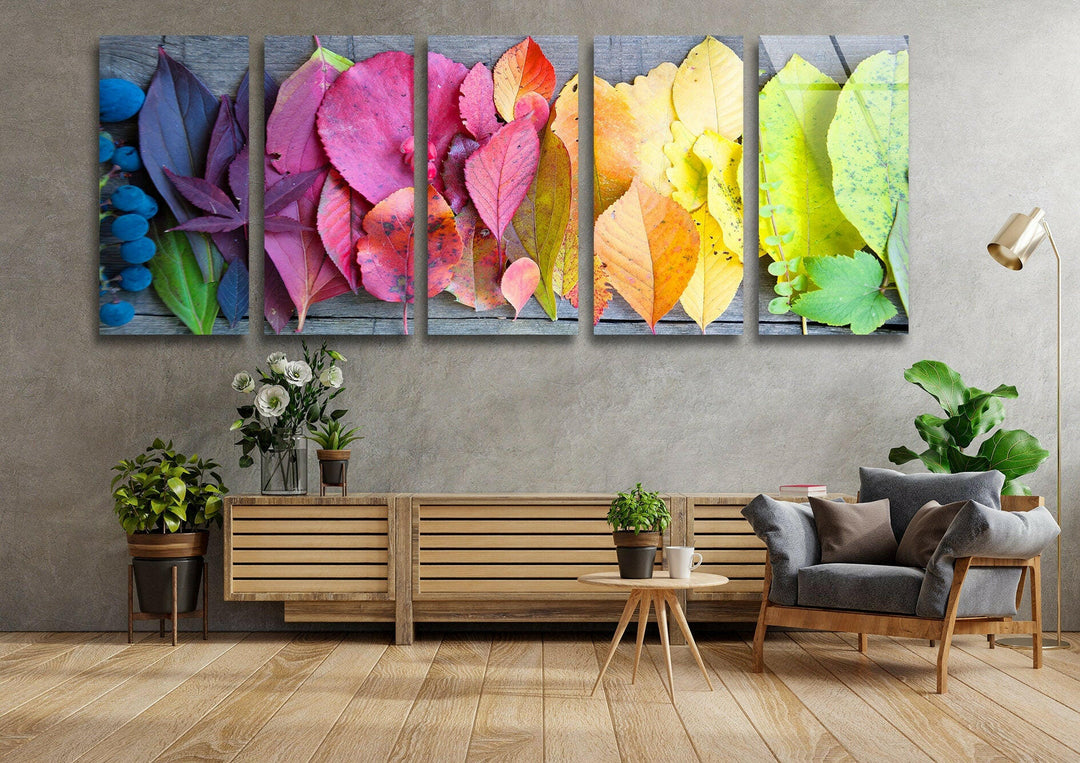 Colorful Leaves Glass Wall Art, picture on glass wall art, photos printed on glass