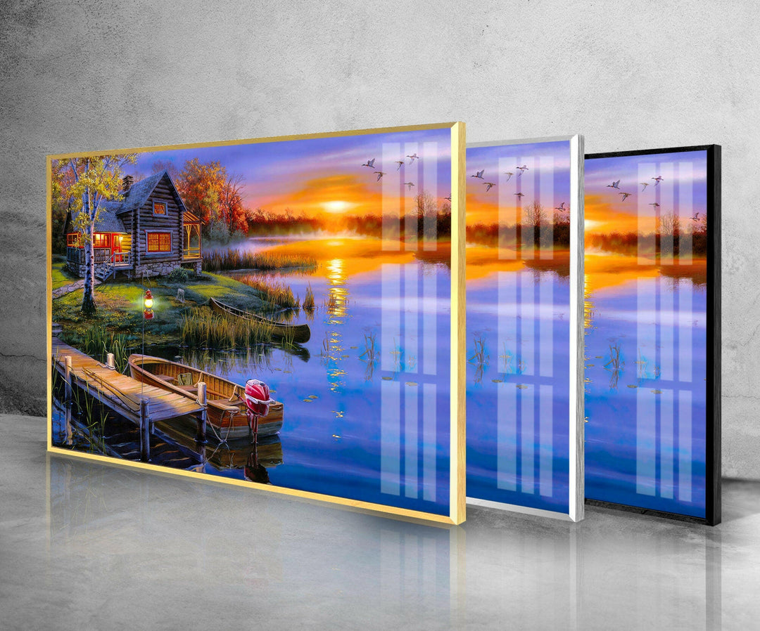 Sunset Lake House Glass Wall Art photo print on glass, prints on glass wall art