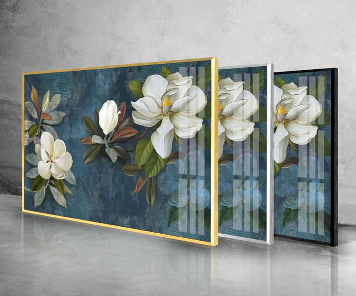 Painted White Magnolia Glass Wall Art, glass photo prints, glass picture prints