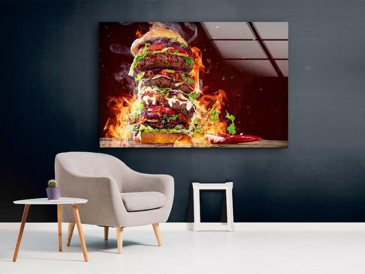 Burger Kitchen Glass Wall Art, glass art painting, glass art for the Wall