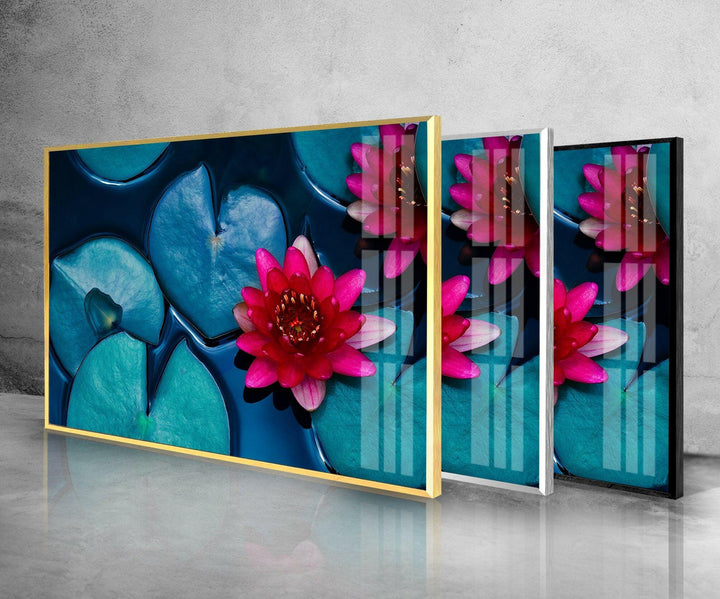 Red Lotus Water Lily Glass Wall Art, custom glass pictures, glass art prints
