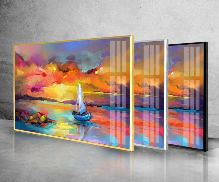 Sunset Sea Painting Glass Wall Art