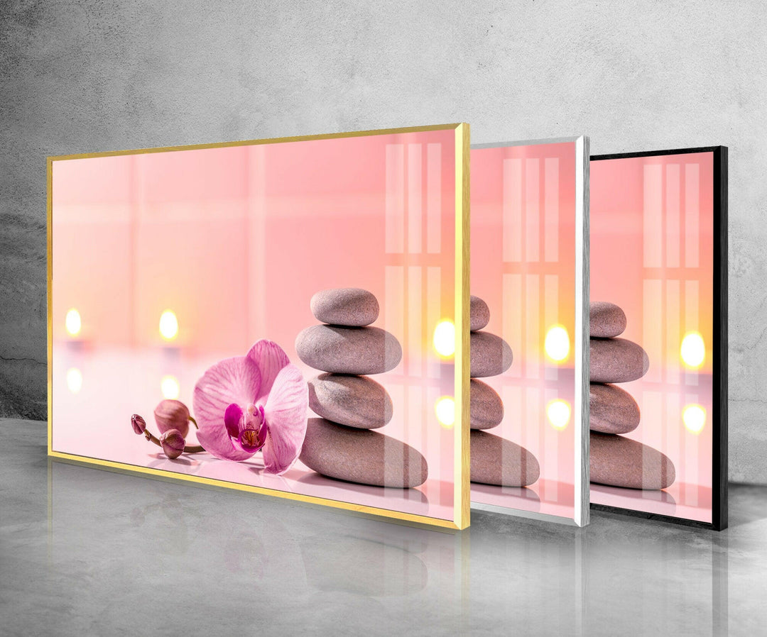 Zen Spa Stones and Pink Flower Glass Wall Decor & Cool Artwork