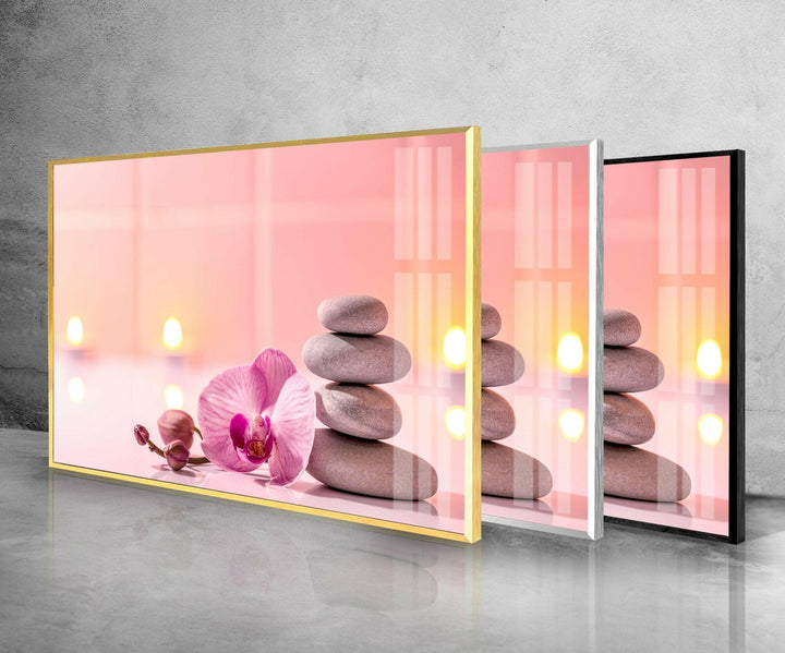 Zen Spa Stones and Pink Flower Glass Wall Decor & Cool Artwork