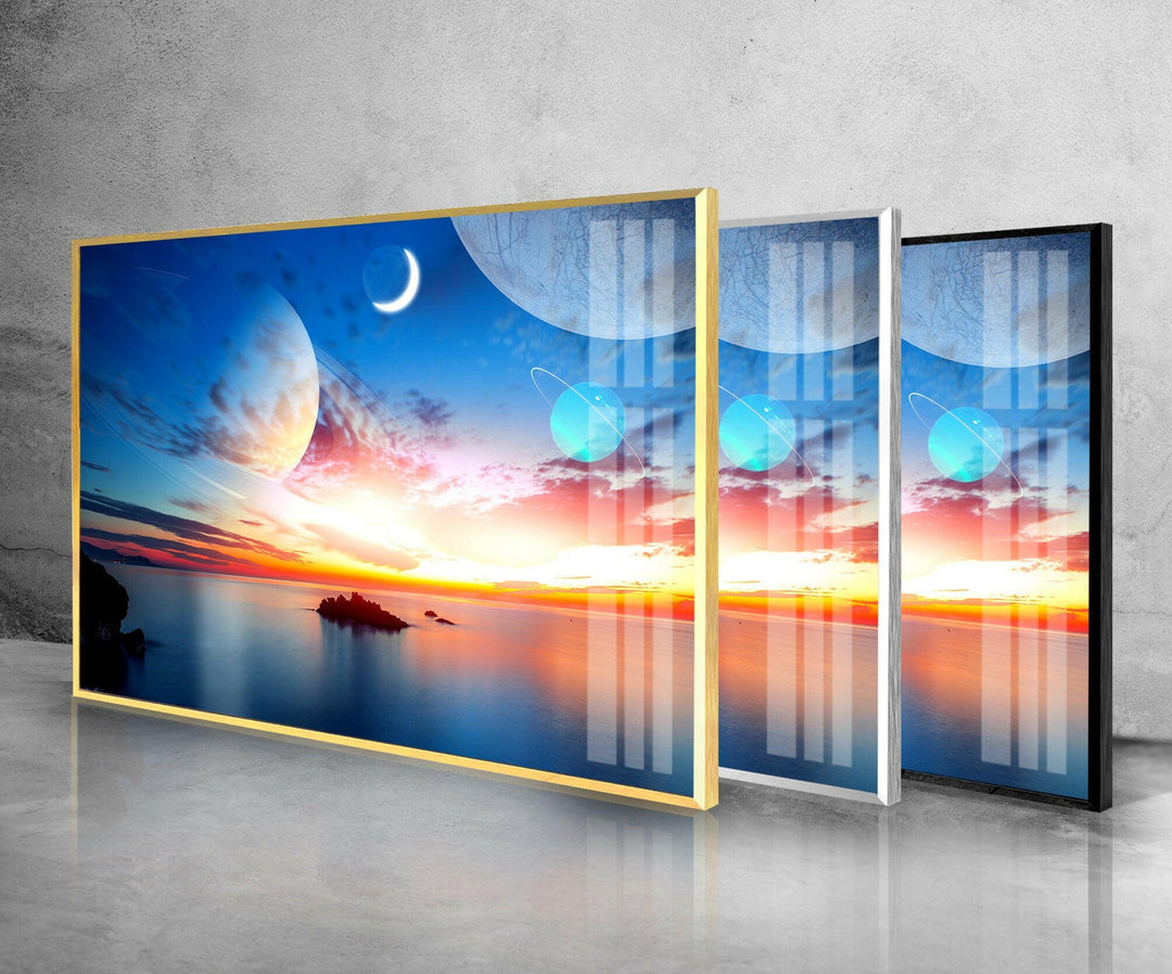 Sunset On The Sea&Planets Glass Wall Art, glass pictures for Wall, glass prints wall art