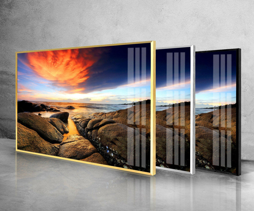 Stone Beach Sunset Glass Wall Art Glass Printing Wall Art, Print photos on glass