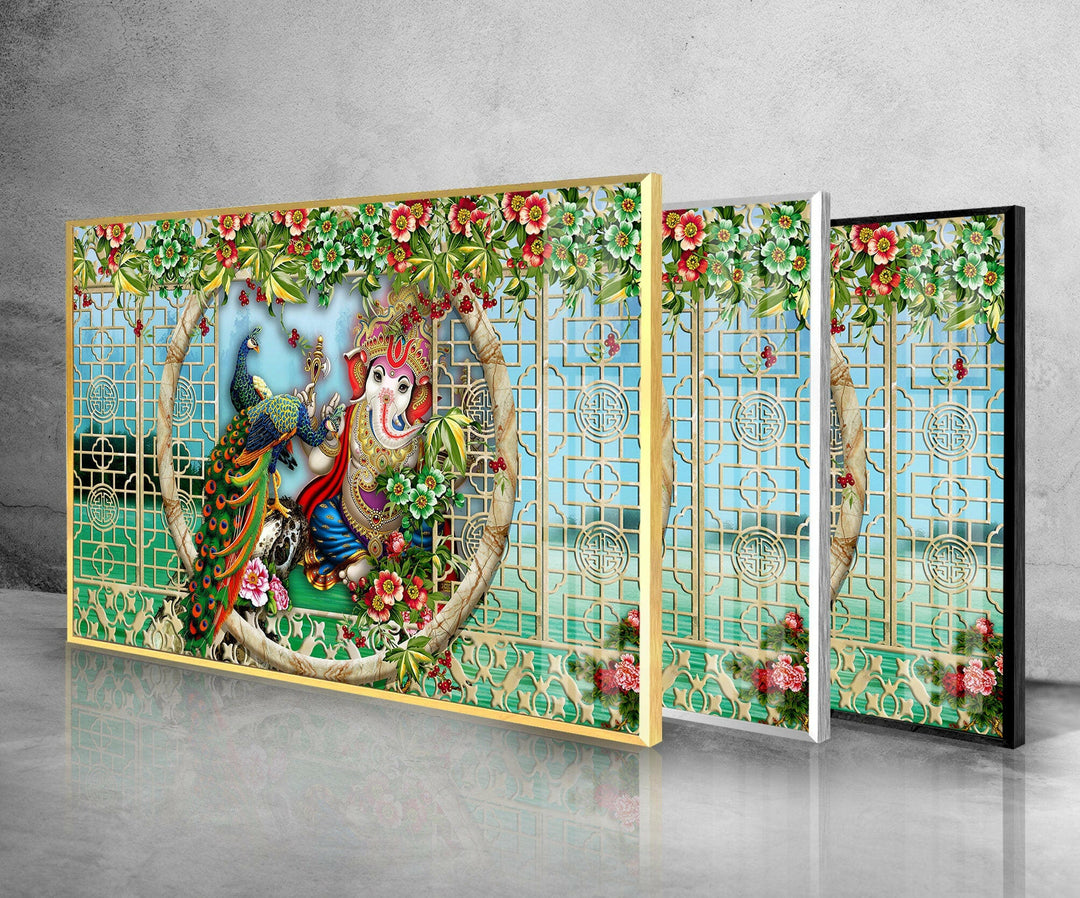 Peacock & Ganesha Glass Wall Art stained glass wall art, stained glass wall decor