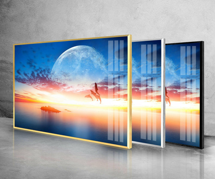 Sunset With Dolphins & Moon Glass Wall Art print on glass, glass printed photos