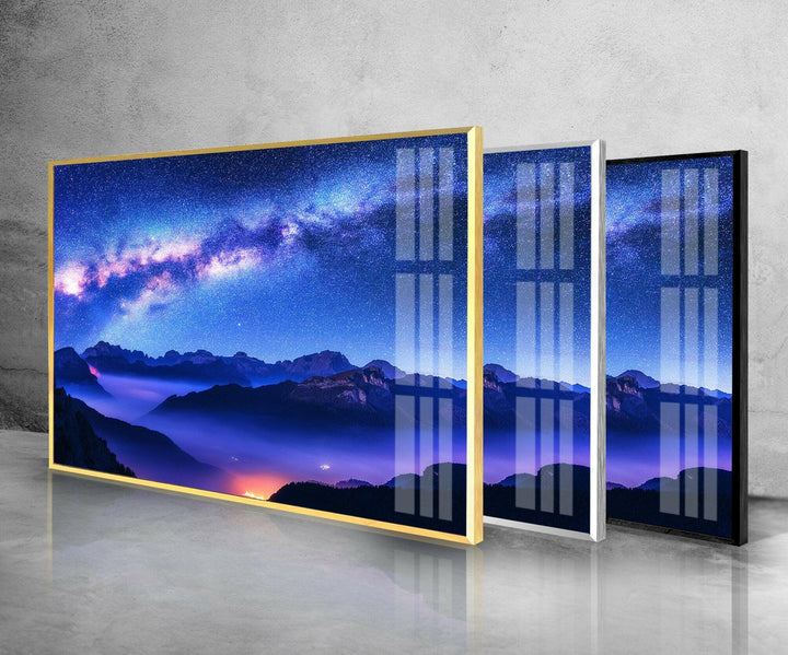 Milky Way Above Mountains Glass Wall Art print on glass, glass printed photos