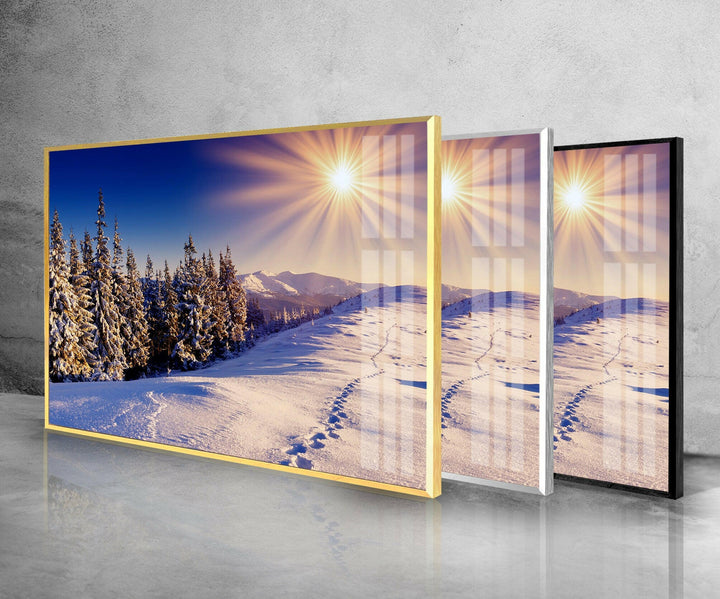 Snowy Forest Sunset Glass Wall Art picture on glass wall art, photos printed on glass