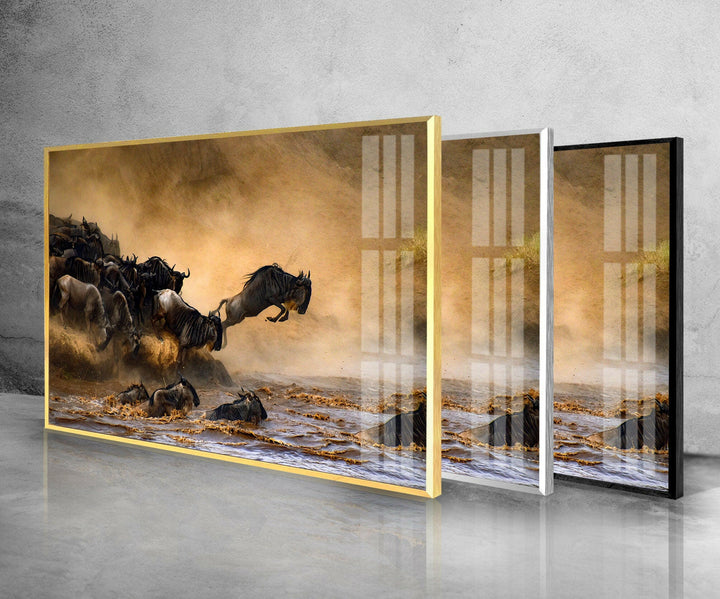 Wildebeests Running on Safari Glass Wall Art glass wall decor, glass wall art decor