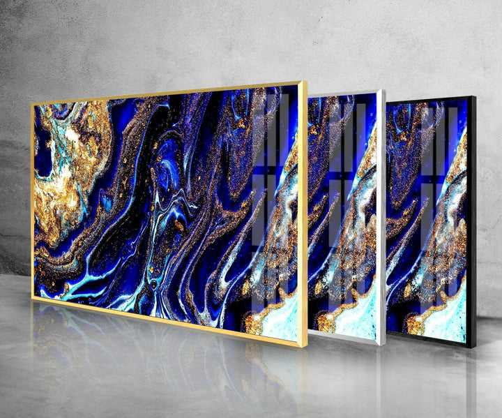 Blue with Gold Sparkles Abstract Glass Wall Art