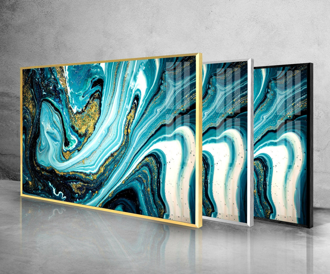 Gold ink on Blue Abstract Glass Wall Art