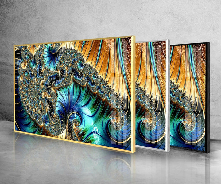 Blue Golden Fractal Glass Wall Art, glass pictures for Wall, glass prints wall art