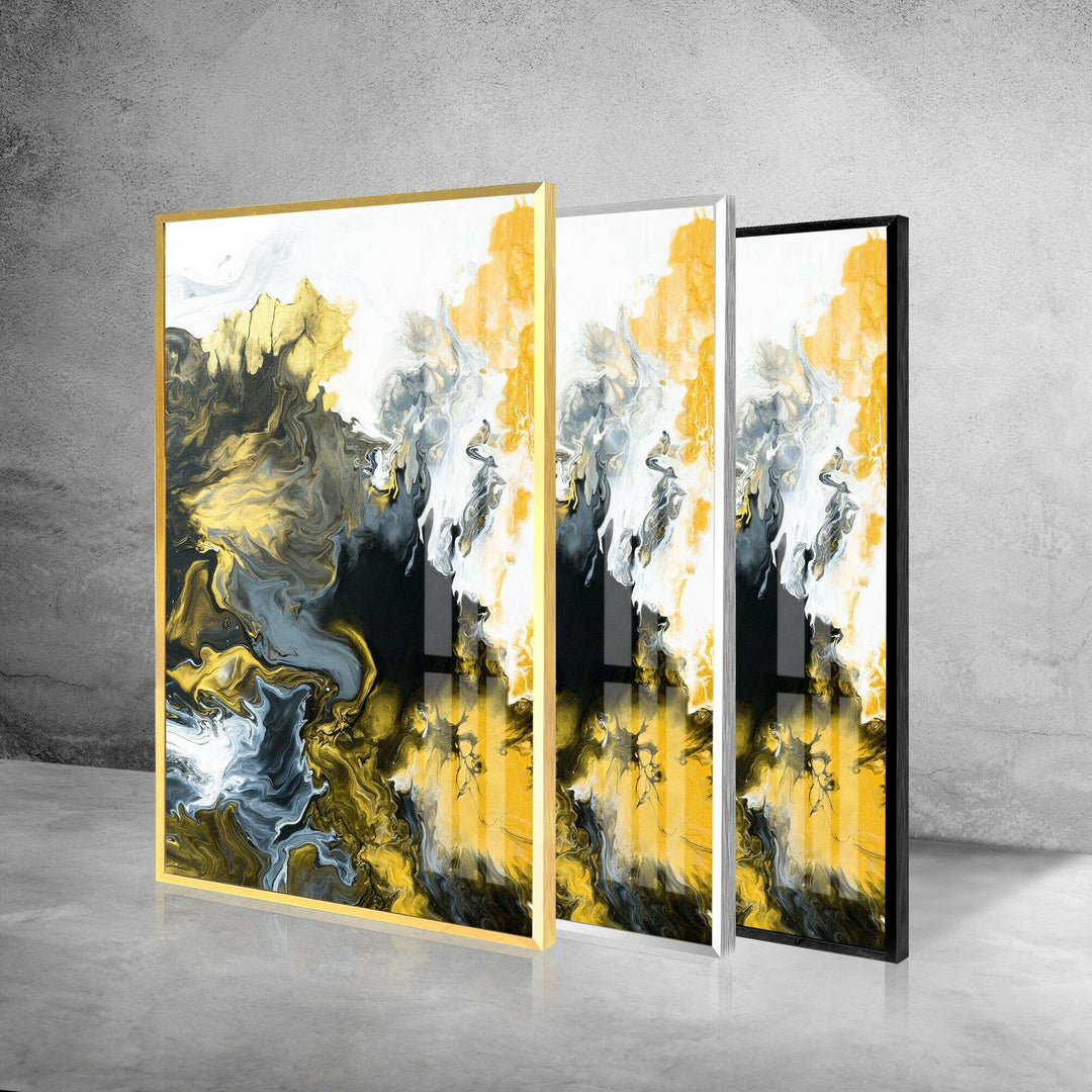 Black and White with Gold Abstract Framed Glass Printing Wall Art