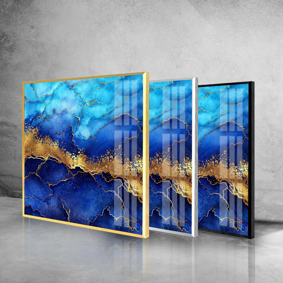 Blue and Golden Abstract Glass Wall Art custom glass photo prints, large glass prints